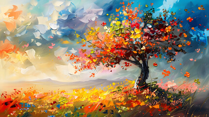 Painting of a tree with colorful flowers in the autumn season. Oil color painting