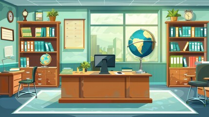 School office interior, empty room with director's table, computer, books, globe, chairs for visitors, bookcases with files, potted plants. Cartoon modern illustration.