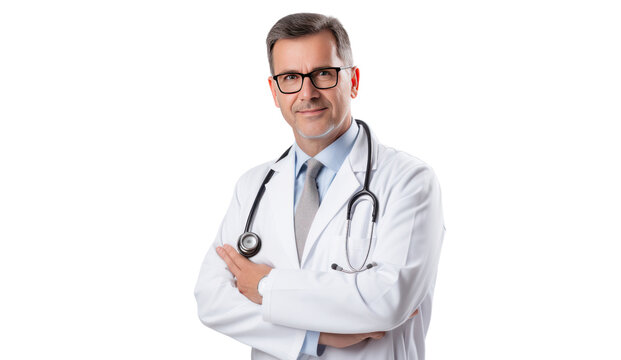 Male doctor in uniform smiling  isolated on transparent and white background.PNG image.