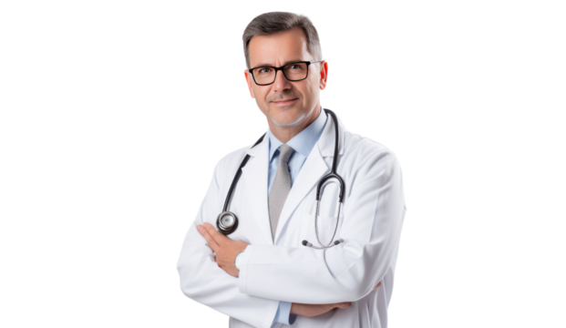 Male doctor in uniform smiling  isolated on transparent and white background.PNG image.