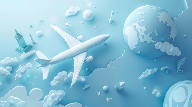 3D plane traveling across earth with line style landmarks on a light blue background.
