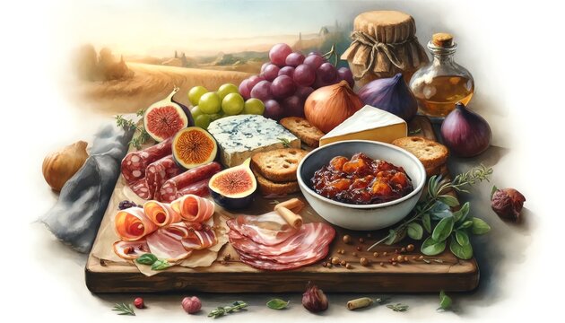 Watercolor Painting of a Charcuterie Board with Bacon-Onion Jam