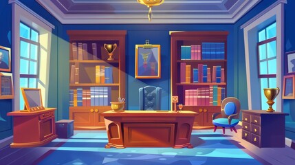 School principal's office with desk, chairs, bookcase, and showcase for sport trophies. Modern cartoon of an empty headmaster cabinet to meet and talk with teachers, pupils and parents. - obrazy, fototapety, plakaty