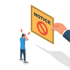 Eviction notice. Man holds a notice about the seizure of property. Stop sign at the entrance. Notice of eviction in letter. Entry into the house is prohibited. Vector illustration isometric design.