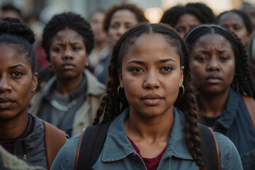 Junge entschlossene afroamerikanische Frau inmitten einer Aktivistengruppe, vereint für sozialen Fortschritt.