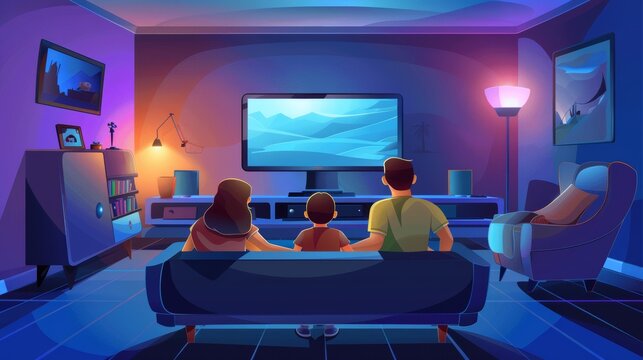 The family sits on the couch and watches tv in the living room at evening. This is a modern cartoon illustration of the lounge room with a couple on the couch, a boy on the chair and a glowing TV