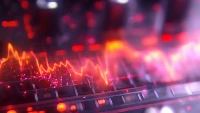 Binaural beats on composition software screen, music composition. A colorful graph with many lines