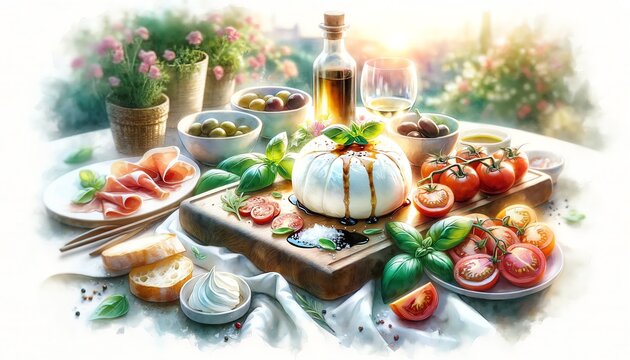 Watercolor Painting of The Ultimate Burrata Cheese Board