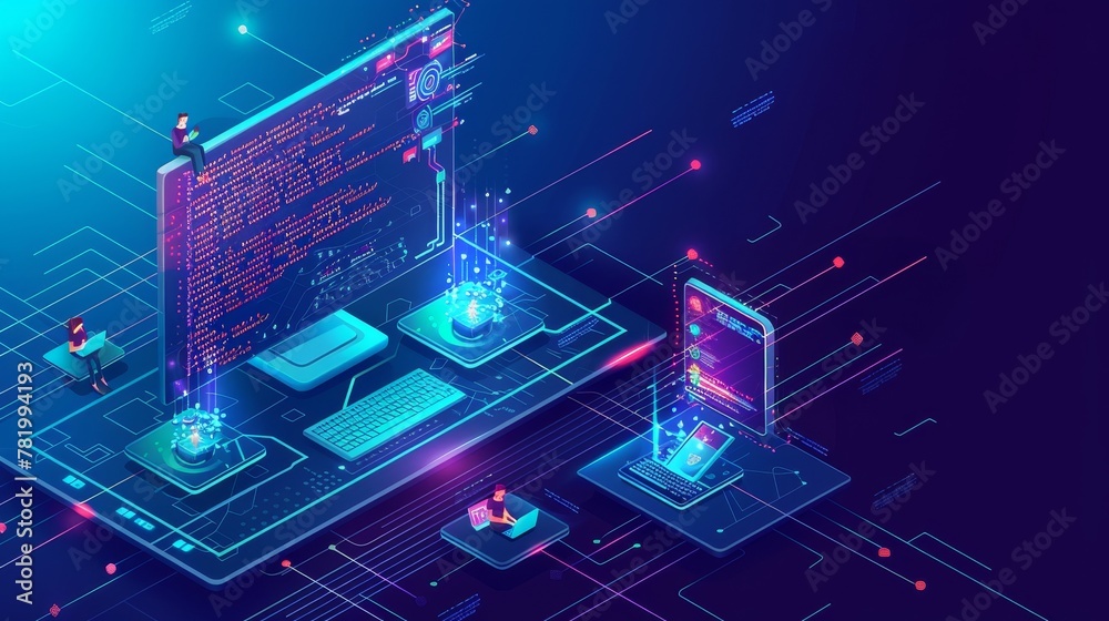 Poster developing a new app or website. modern landing page of a programming test. isometric computer scree