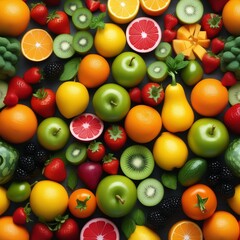 Assorted fresh ripe fruits and vegetables. Food concept background. Top view. Copy space