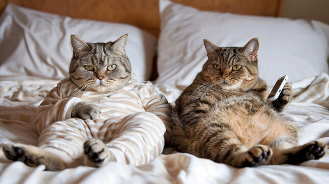 Two cats are laying on a bed, one of them holding a cell phone. The cats are dressed in pajamas, and the scene has a playful and lighthearted mood