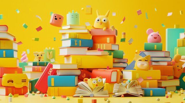 This is a 3D World Book Day. Cute characters surrounded by books of all sizes on a yellow background.