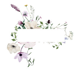 Watercolor Rectangular Shaped Frame with Wildflowers and Leaves