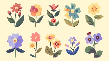 An isolated pale yellow background with flat style design flowers.