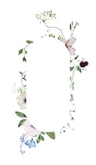 Watercolor Oval Shaped Frame with Wildflowers and Leaves