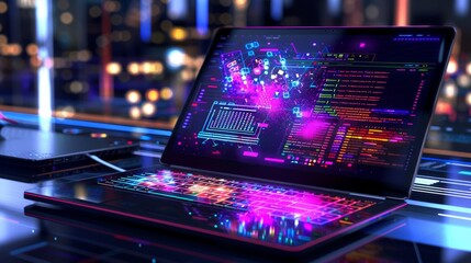 An ultramodern laptop showcasing vibrant, holographic programming interfaces with dynamic code and settings, representing cutting-edge software development. - obrazy, fototapety, plakaty