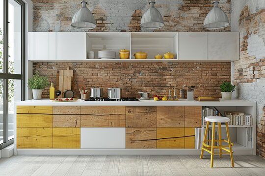 Fototapeta amazing architecture of white and yellow wooden kitchen set isolated on elegant brick wall
