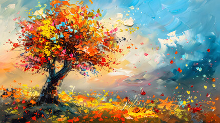 Fototapeta na wymiar Painting of a tree with colorful flowers in the autumn season. Oil color painting