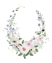 Watercolor Wreath with Wildflowers and Leaves