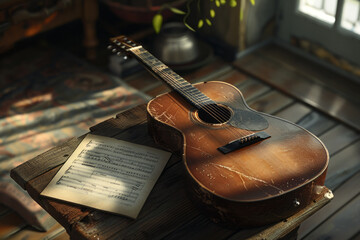 Old classical guitar with a sheet of music notes on a wooden table near the window with sunlight...