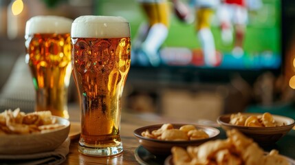 Crystal-clear glasses of frothy beer in the foreground with a vibrant football game broadcasting on the TV, accompanied by bowls of crispy snacks.