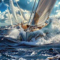 Luxury Yachts at Sea, Sailing Regatta, Sailing Sport in Ocean Waves, Generative AI Illustration