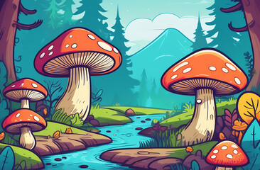 Fabulous big mushrooms in a magical forest. Fantastic mushrooms, along a mountain river, book cover illustration. An amazing landscape of nature.
