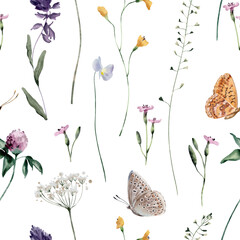 Watercolor Seamless Pattern Background with Wildflowers, Butterflies and Leaves