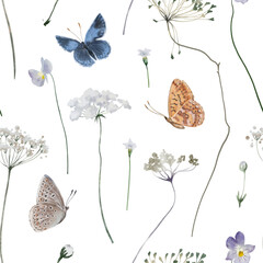 Watercolor Seamless Pattern Background with Wildflowers, Butterflies and Leaves