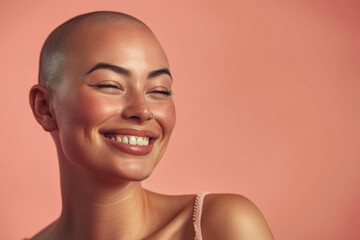Close up portrait of a bald happy woman on an empty pink background with space for text or...