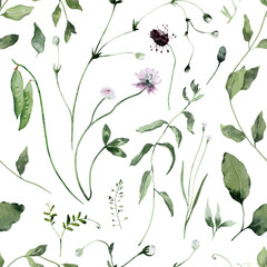 Watercolor Seamless Pattern Background with Wildflowers, Clovers and Leaves