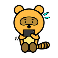 スマホゲームに熱中するタヌキ　イラスト