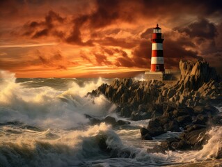 Lighthouse in Storm, Stormy Ocean Landscape and Lighthouse