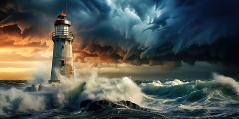 Lighthouse in Storm, Stormy Ocean Landscape and Lighthouse - obrazy, fototapety, plakaty