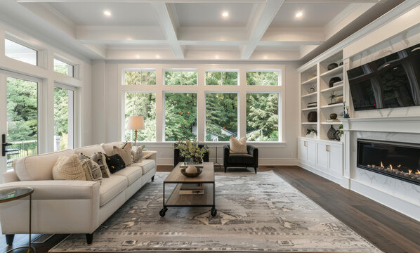 an elegant living room in the style of modern farmhouse, with white walls and beautiful dark wood floors and large windows overlooking trees