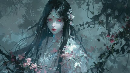 Full Body Portrait Of An Asian Ghost Woman with red eyes , Background Images , Hd Wallpapers - obrazy, fototapety, plakaty