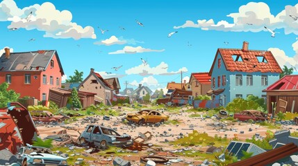 The slums in the ghetto neighbourhood are dirty and shabby. There are old houses, broken cars and trash on a tattered street. Modern cartoon cityscape with slum buildings, shacks in the low-income - obrazy, fototapety, plakaty