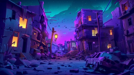 An abandoned, ruined slum street at night with glowing windows, dilapidated houses, streetlamps, and a car sits on the roadside with litter scattered everywhere. - obrazy, fototapety, plakaty