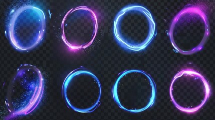 Sparkling circles with sparkles, magic light effect. Modern realistic set of blue and purple shiny rings and swirls with sparkle dust.
