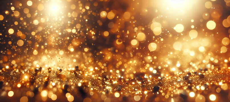 Gold glitter light bokeh background, golden light of Christmas and copy space