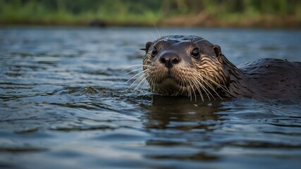 As the world's largest otter species, these playful and sociable animals are often seen swimming in the rivers and lakes of the Amazon. They hunt fish in groups and communicate with a variety of vocal - obrazy, fototapety, plakaty