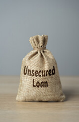 Unsecured loan money bag. Money borrowed without needing to provide collateral. Quick and...