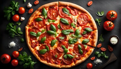 Pepperoni pizza, tomatoes and parsley. Tasty pepperoni pizza on black stone background. Overhead view of italian pizza.
