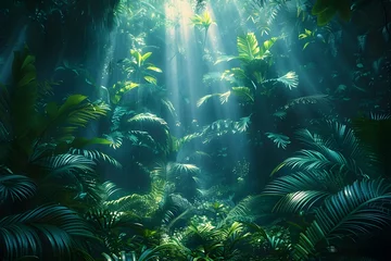 Foto op Plexiglas Enchanted Forest Glow: Serene & Mystical Jungle Scene. Concept Enchanted Forest, Glow, Serene, Mystical, Jungle Scene © Anastasiia