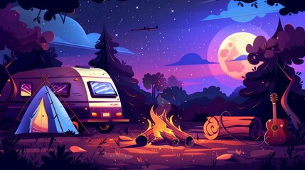 Cartoon modern illustration of a summer camp at night with RV caravan motorhome car at campfire with tent, log, cauldron, and guitar Summertime vacation, camping, traveling, trip, hiking activities. - obrazy, fototapety, plakaty