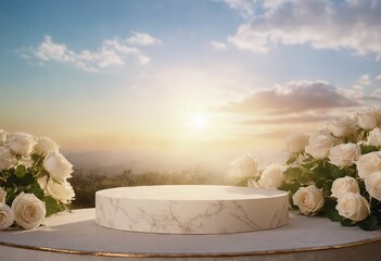 Round marble podium for presentation decorated white rose flowers. Cloudy sunset sky in background. Scene to show and advertising cosmetic products. Luxury beauty template. Ai generation