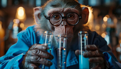 A monkey alchemist with test tubes in his hands conducts experiments in the laboratory with a vaccine.