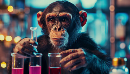 A monkey alchemist with test tubes in his hands conducts experiments in the laboratory with a vaccine.