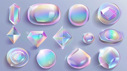 The set includes round, square, oval, rhombus and wavy holographic stickers adorned with iridescent foil or silver colored blank rainbow shiny emblems. - obrazy, fototapety, plakaty