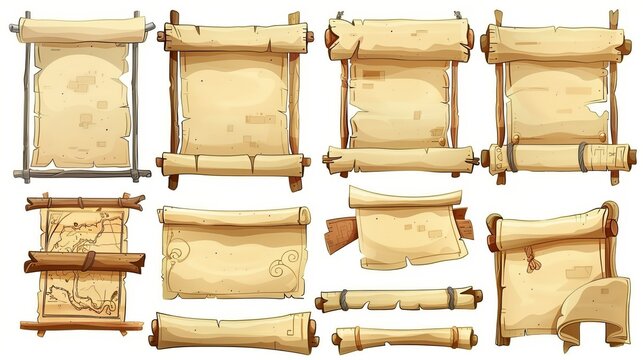 Rolls of cartoon parchment, blank scrolls, paper banners, open antique manuscripts or vintage papyrus, old map or document isolated on white background, modern illustration, icons set